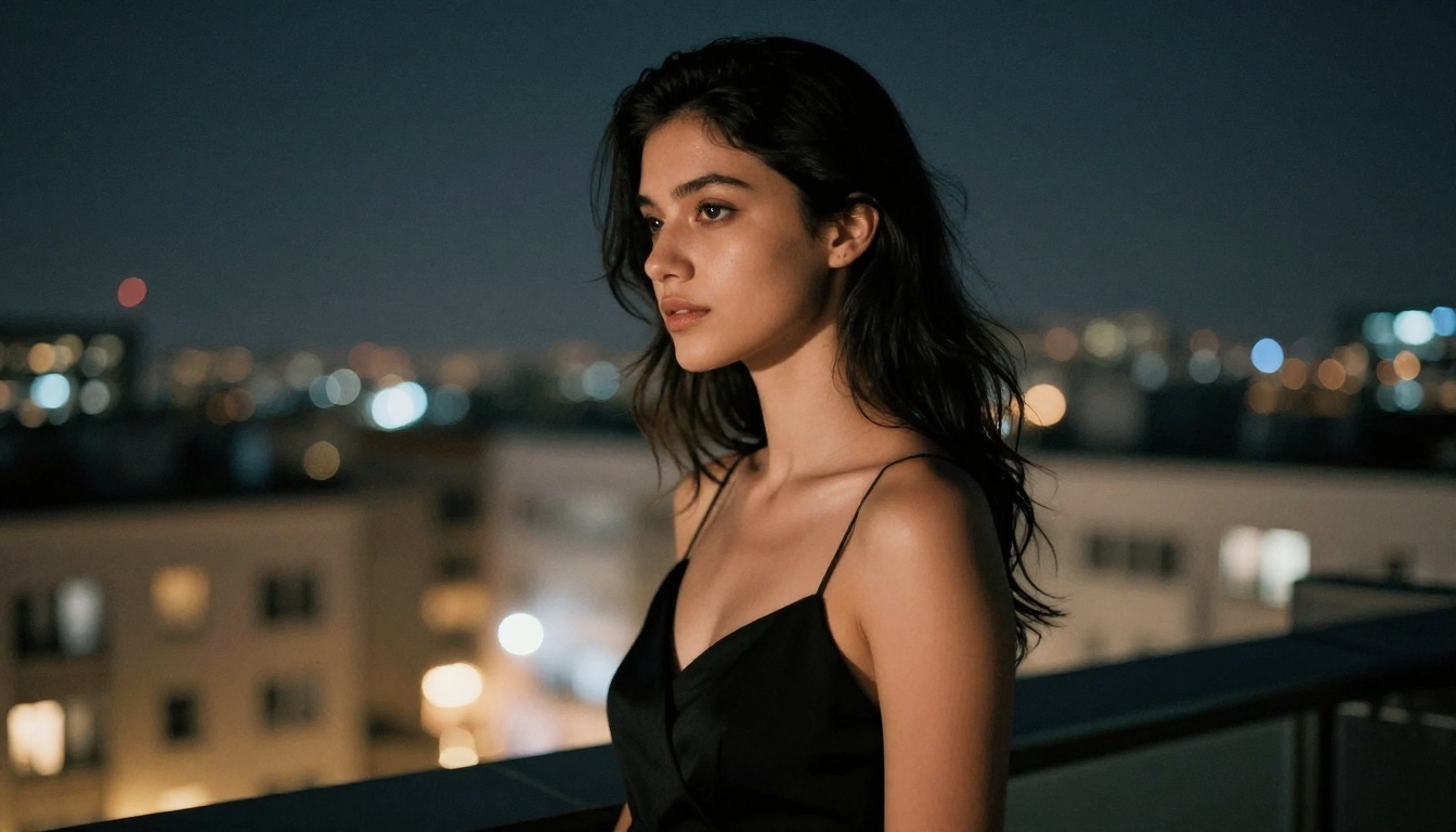 Woman with dark hair in elegant dress on a city rooftop with dramatic cinematic lighting