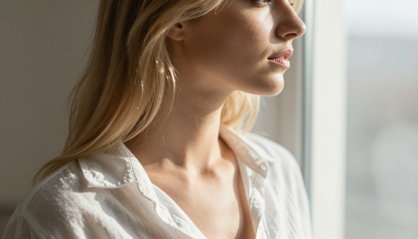 Side profile portrait of a blonde woman in morning light with photorealistic skin and hair detail