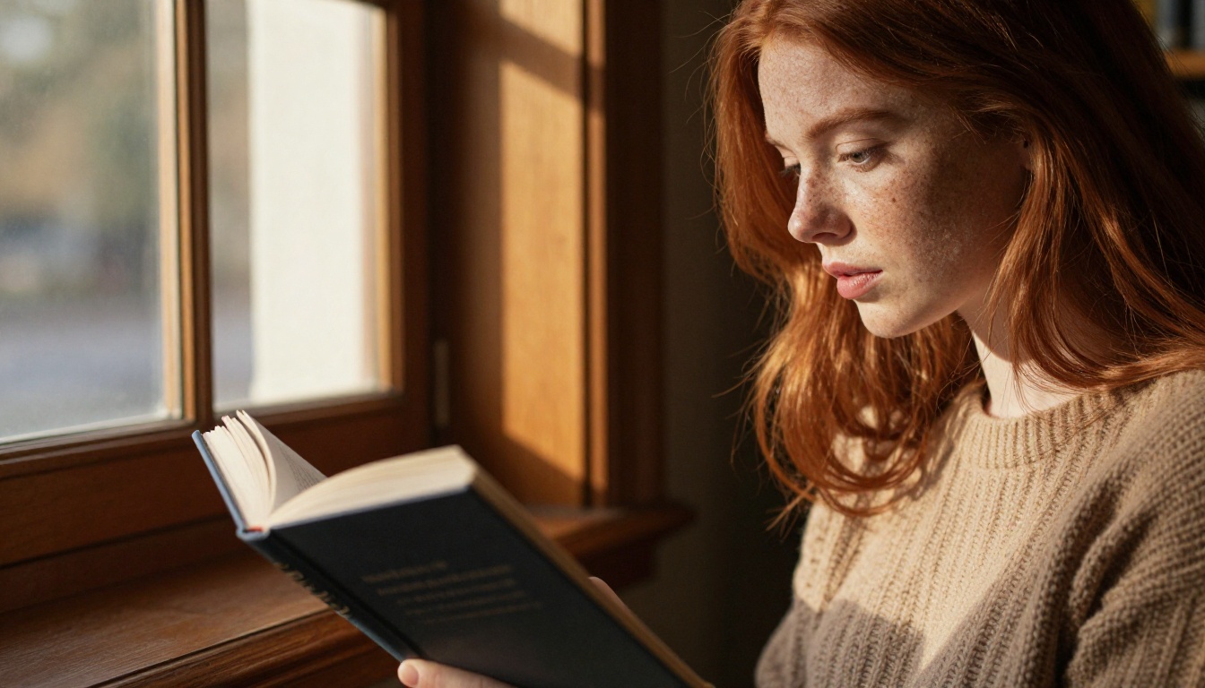 Woman with red hair reading in a warm sunlit library showing natural freckled skin detail