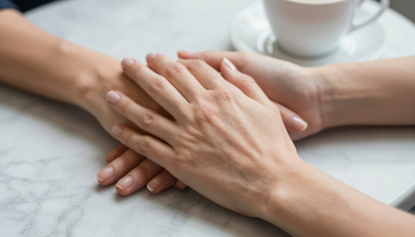 Close-up detail of a woman's hands on a marble cafe table showing hyper-realistic skin texture