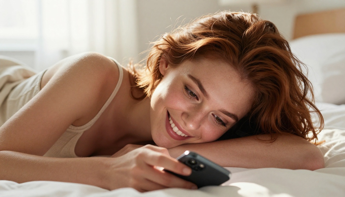 Woman reading messages on her phone with a warm smile Woman reading messages on her phone with a warm smile