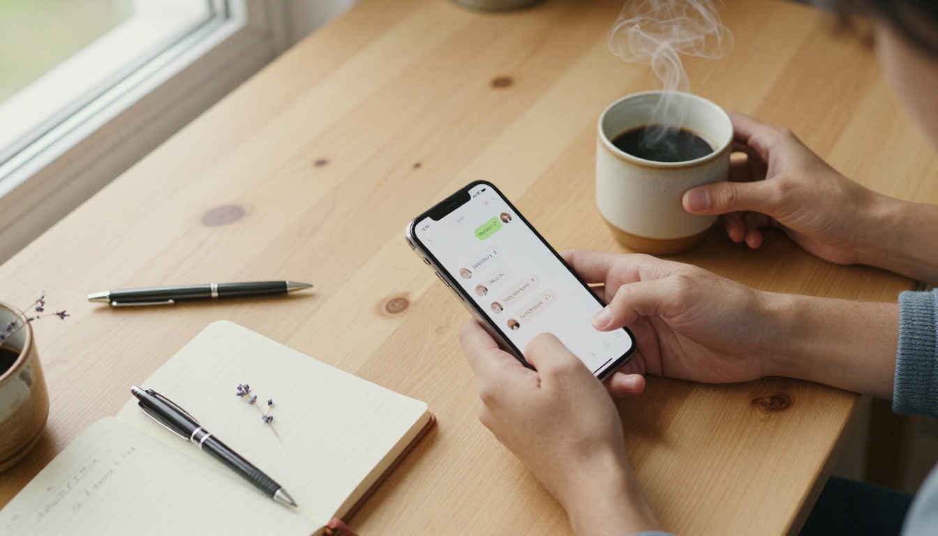 Overhead flatlay of phone, journal, and coffee on a wooden table Overhead flatlay of phone, journal, and coffee on a wooden table