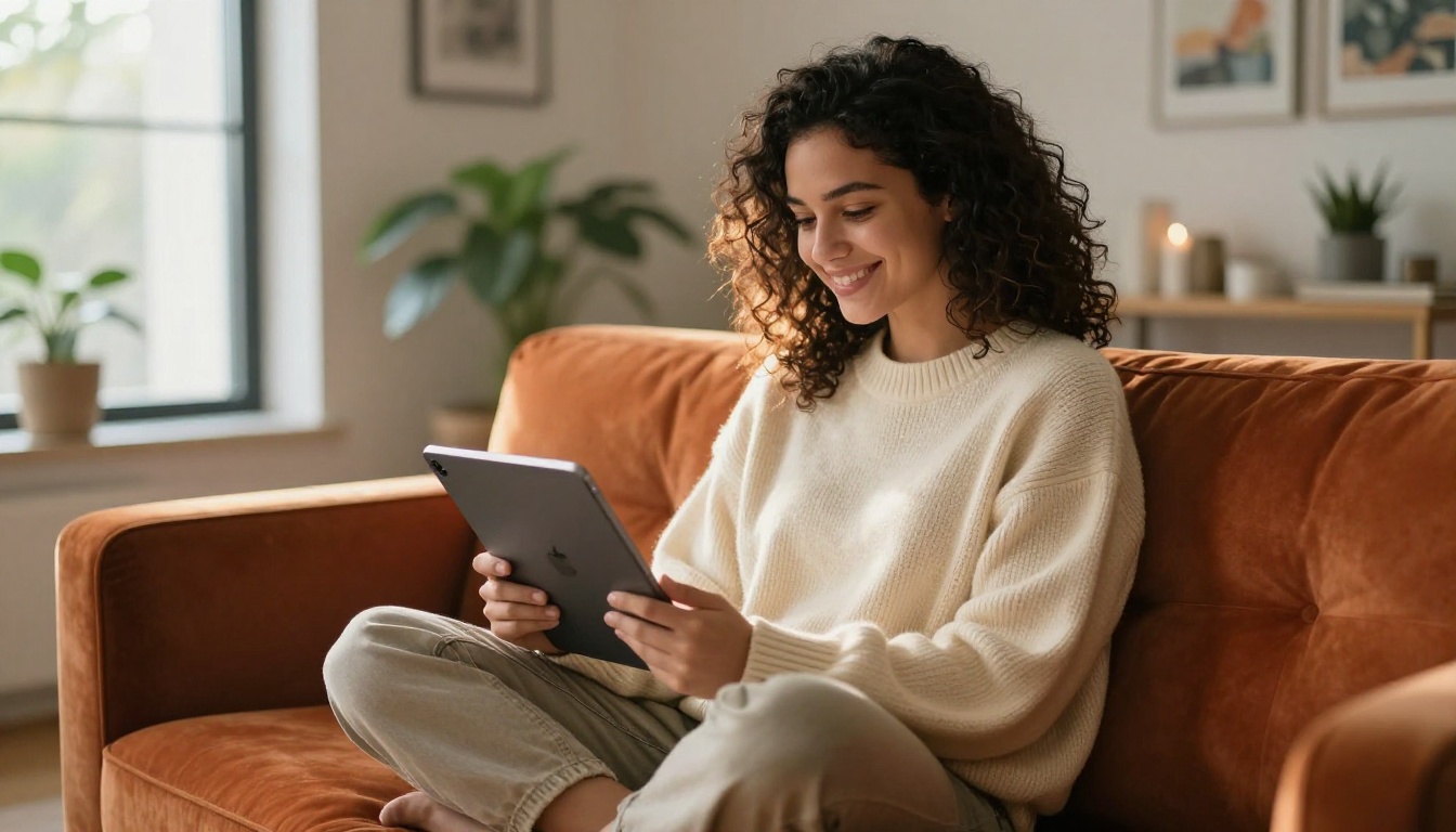 Woman in cream knit sweater with tablet on velvet sofa Woman in cream knit sweater with tablet on velvet sofa