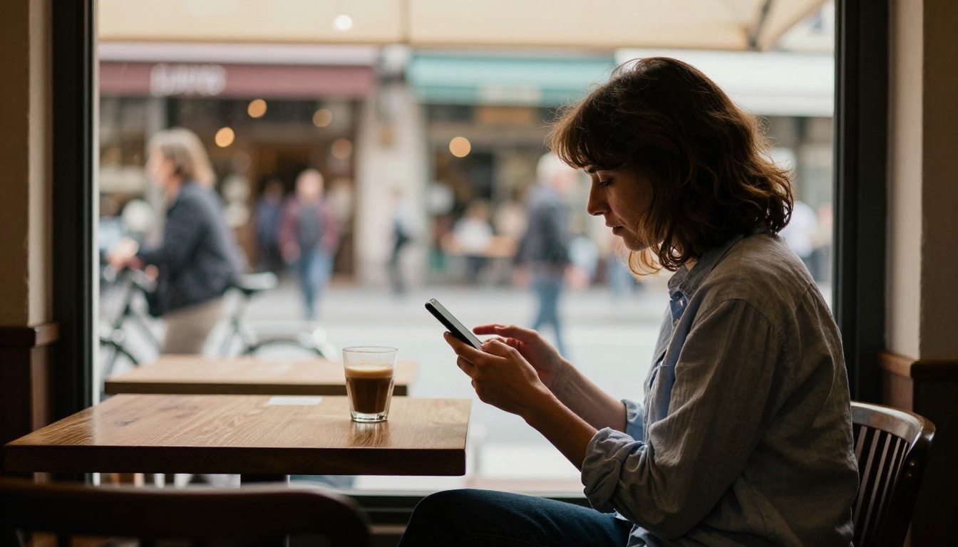 Woman at cafe window typing on phone, golden hour light Woman at cafe window typing on phone, golden hour light