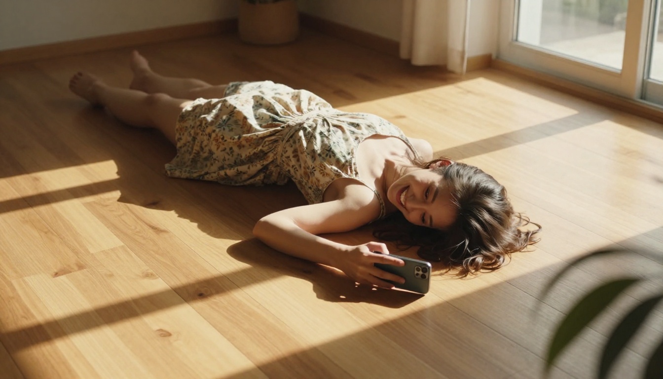 Woman lying on sunlit wooden floor, laughing at phone screen Woman lying on sunlit wooden floor, laughing at phone screen