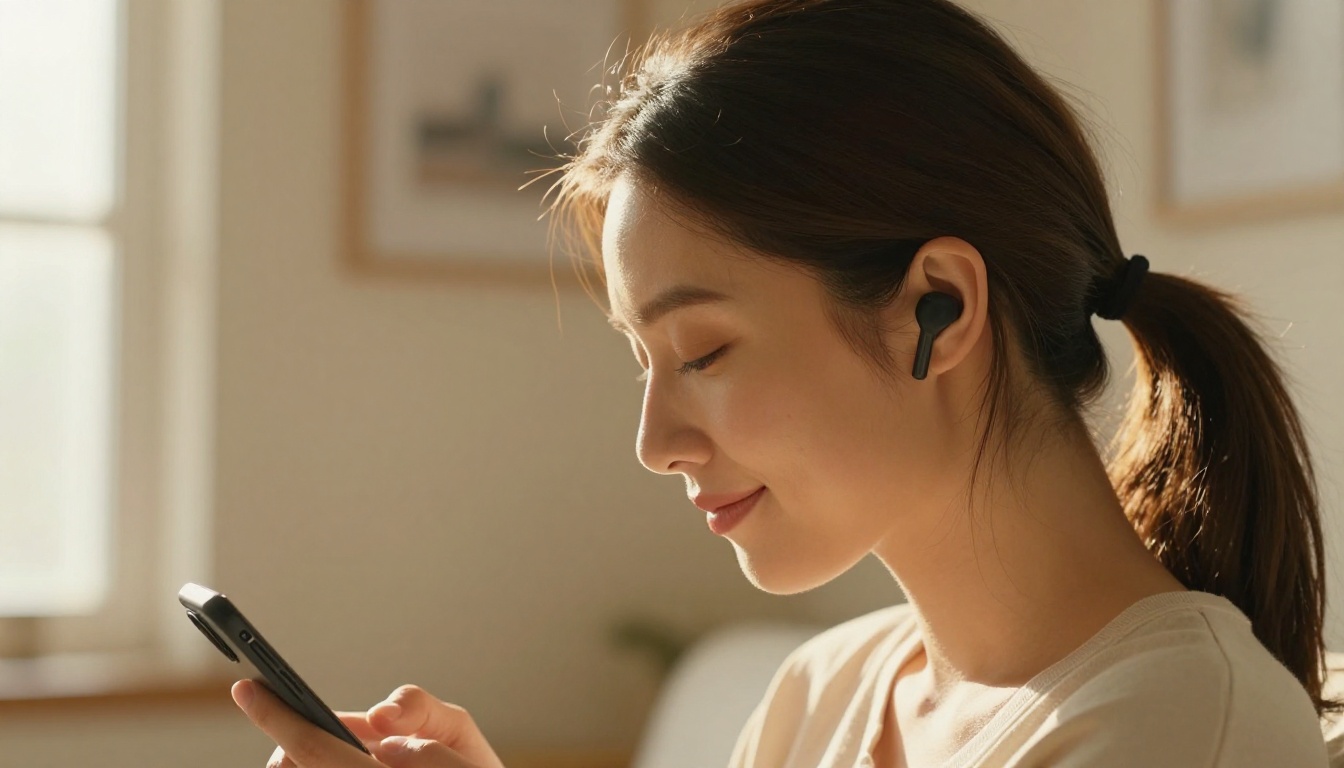 Woman with earbuds, eyes closed in profile, warm window light Woman with earbuds, eyes closed in profile, warm window light