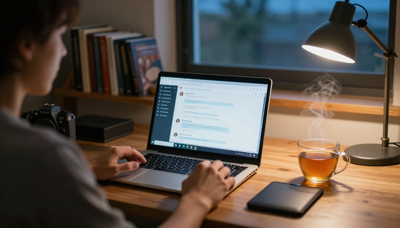 Person at laptop with chat interface open, evening home office Person at laptop with chat interface open, evening home office