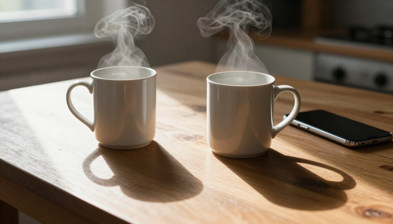 Two ceramic mugs on a wooden table in morning sunlight with a phone between them Two ceramic mugs on a wooden table in morning sunlight with a phone between them