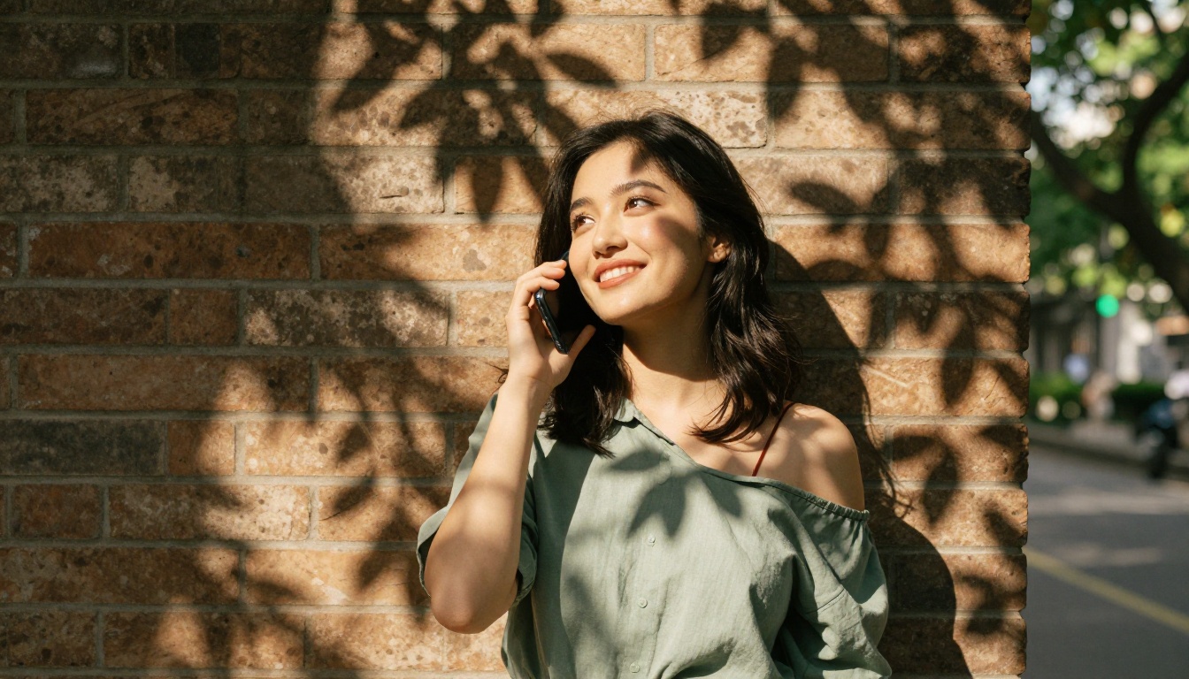 Woman smiling outdoors holding phone to her ear with a dreamy expression Woman smiling outdoors holding phone to her ear with a dreamy expression