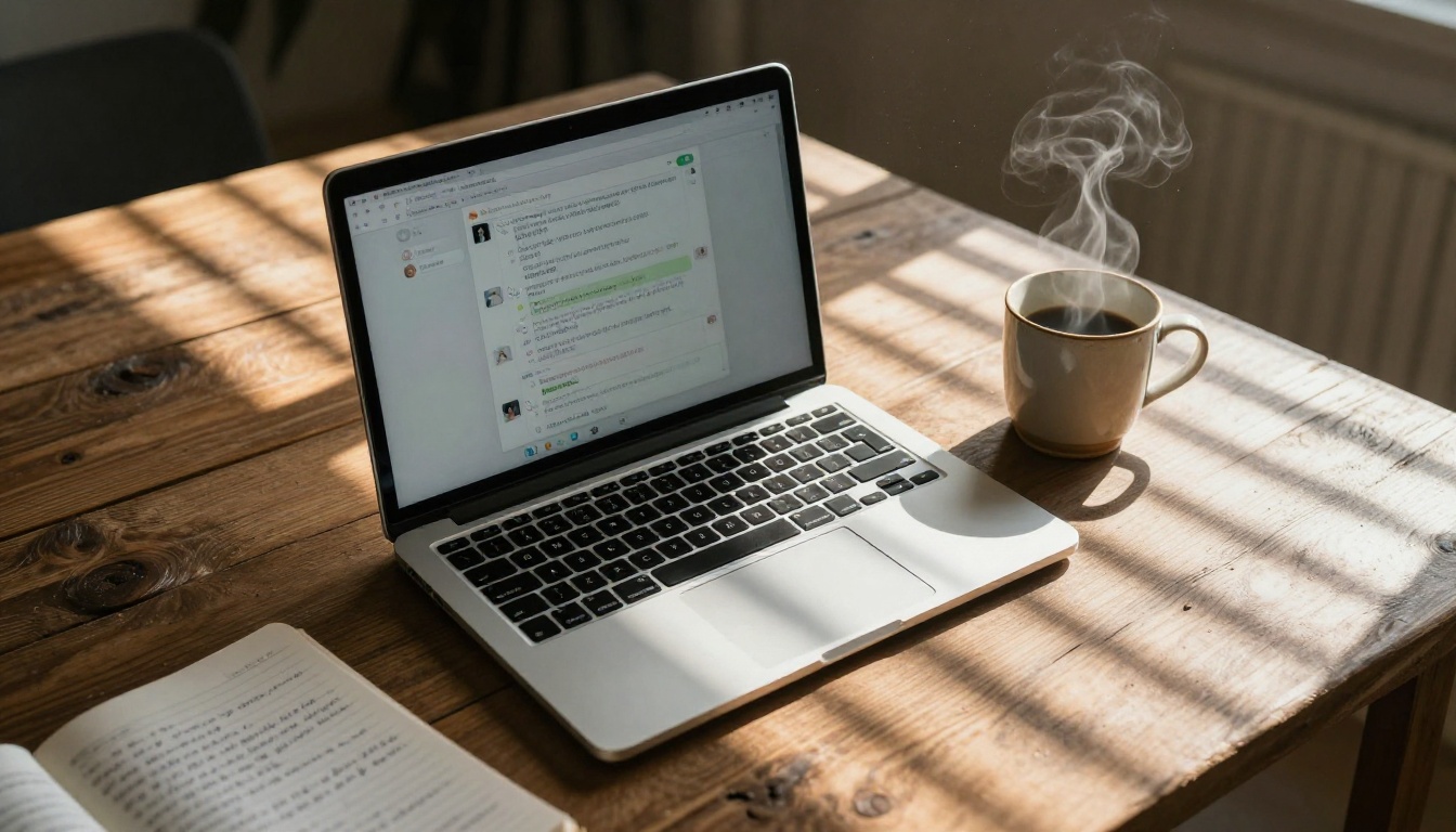 Open laptop with glowing chat interface on a warm desk