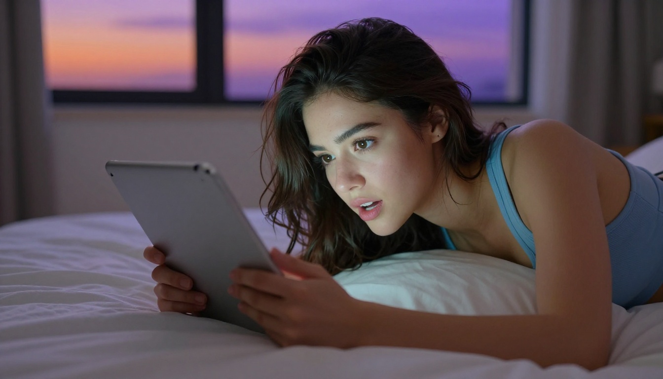Woman lying on bed with tablet, engaged and playful