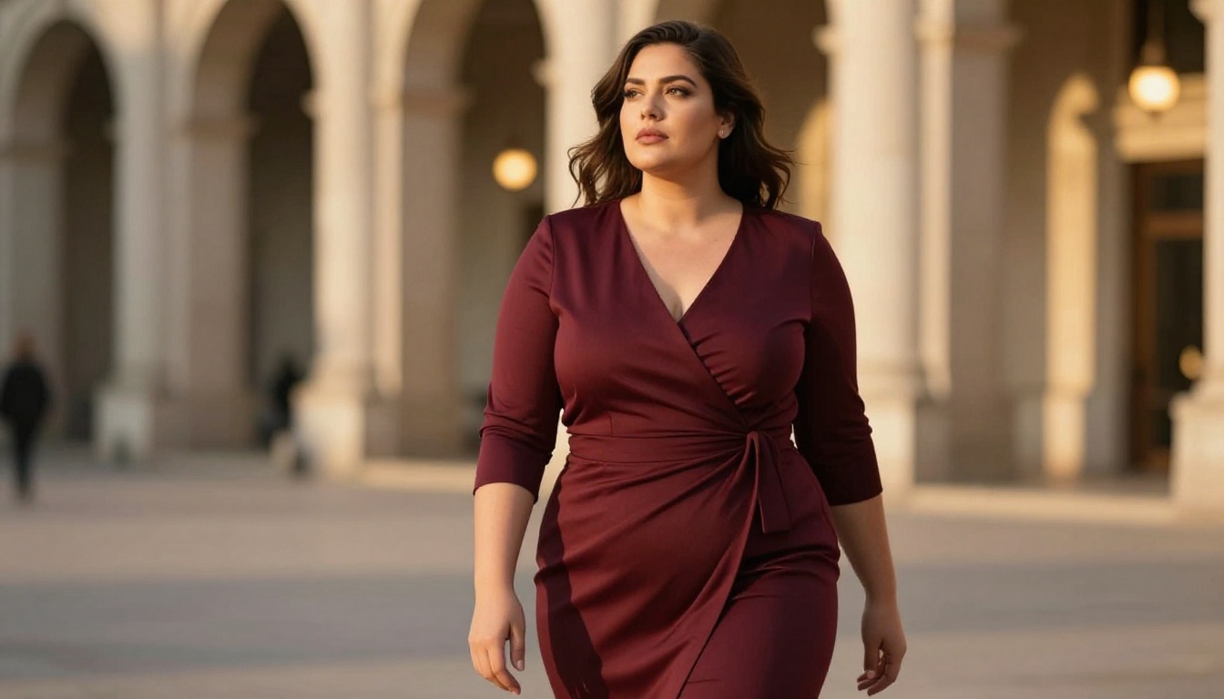 Full-figured woman in elegant fashion editorial setting with warm golden late-afternoon light