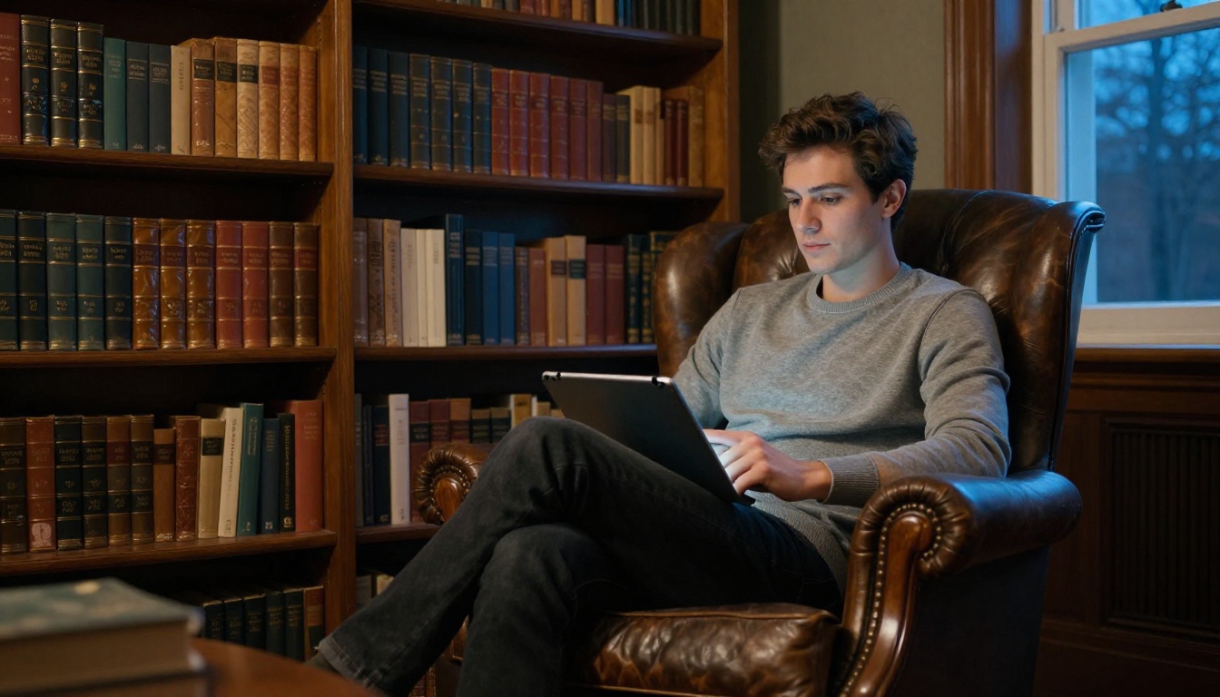 Man relaxing in leather armchair in a home library with a tablet