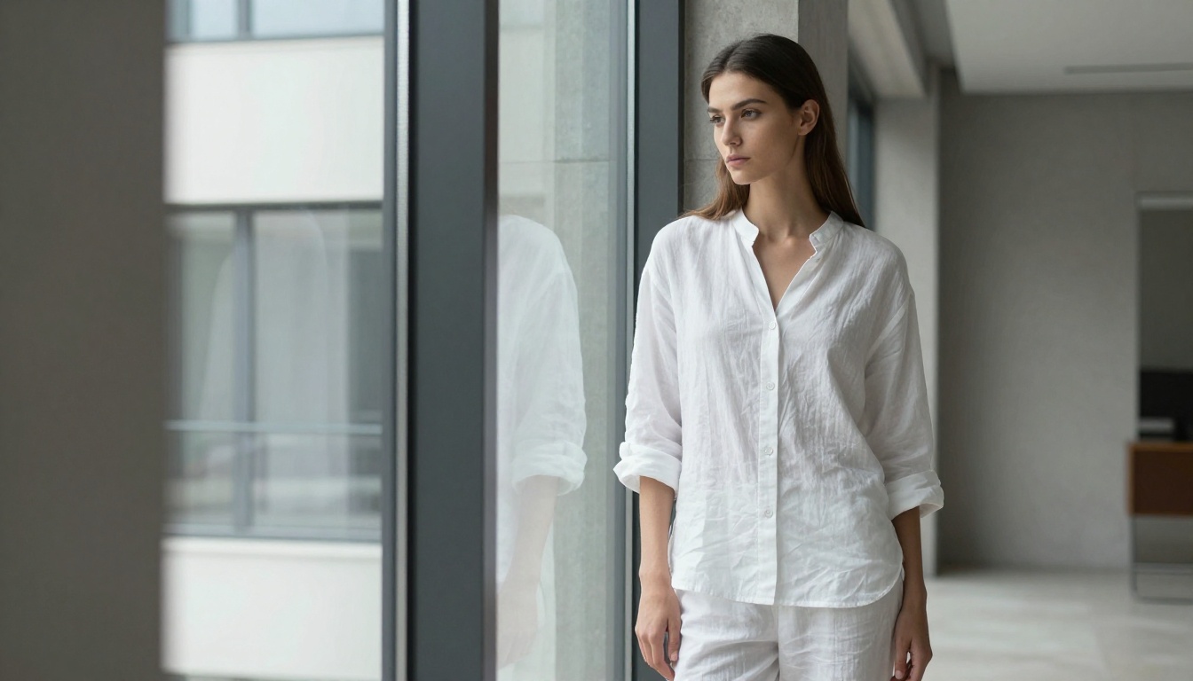 Slender editorial fashion model in minimalist modern interior with indirect soft daylight