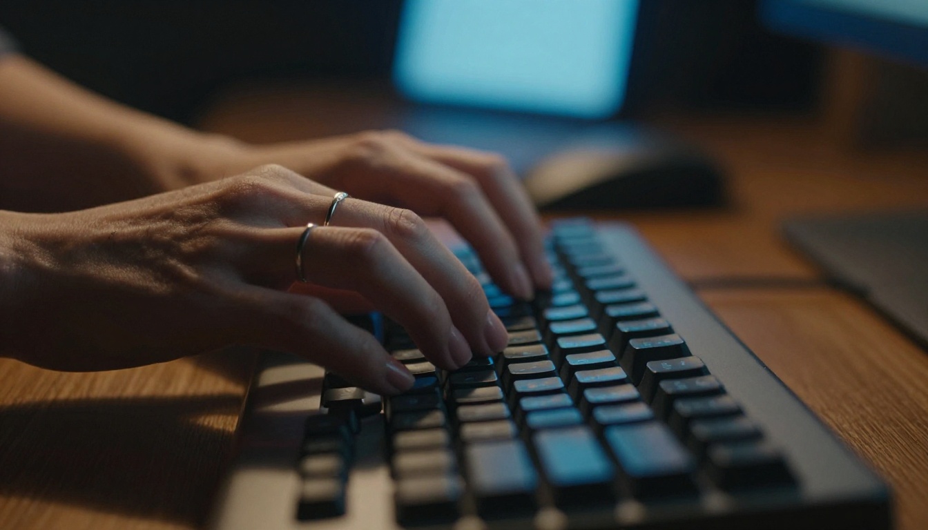 Close-up of female hands typing on a backlit mechanical keyboard