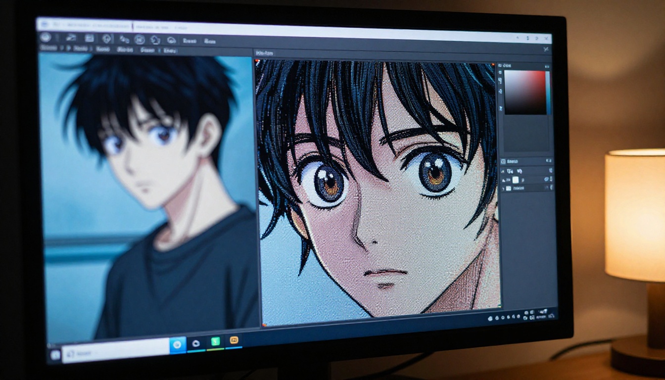 Close-up pixel comparison of before and after anime art restoration on a 4K monitor
