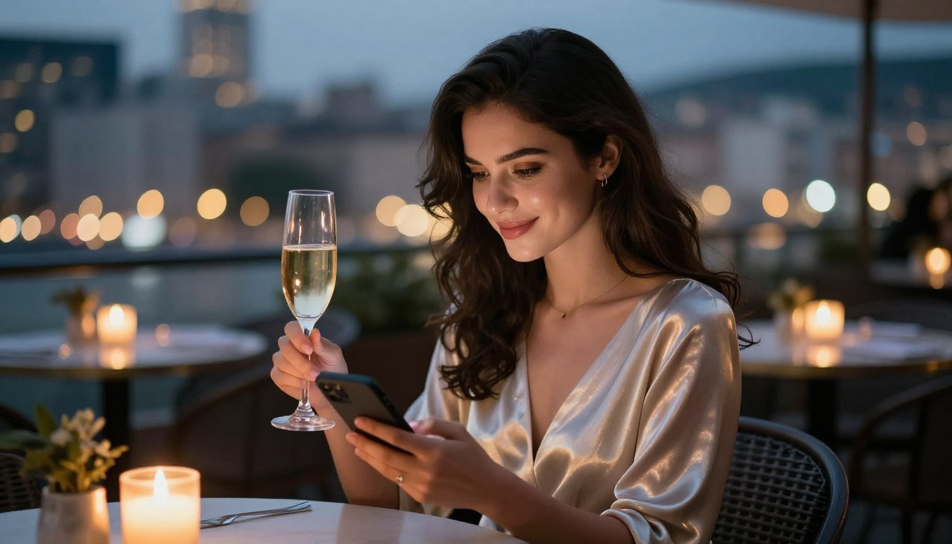 Woman in elegant evening dress at outdoor terrace with phone
