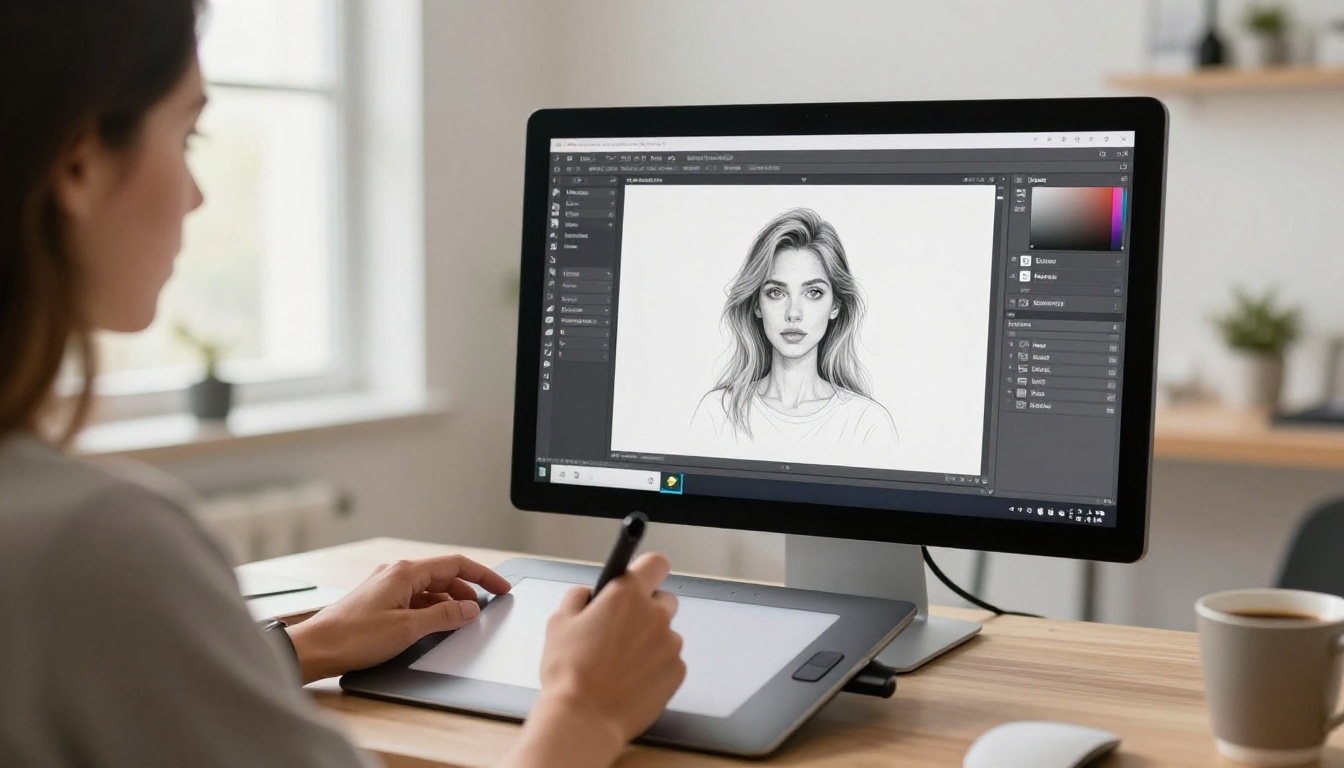 Hands working on a Wacom graphics tablet with artwork restoration interface visible on background monitor