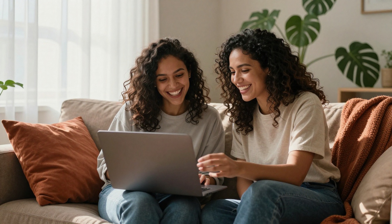 Two women laughing together over a laptop on a cozy sofa