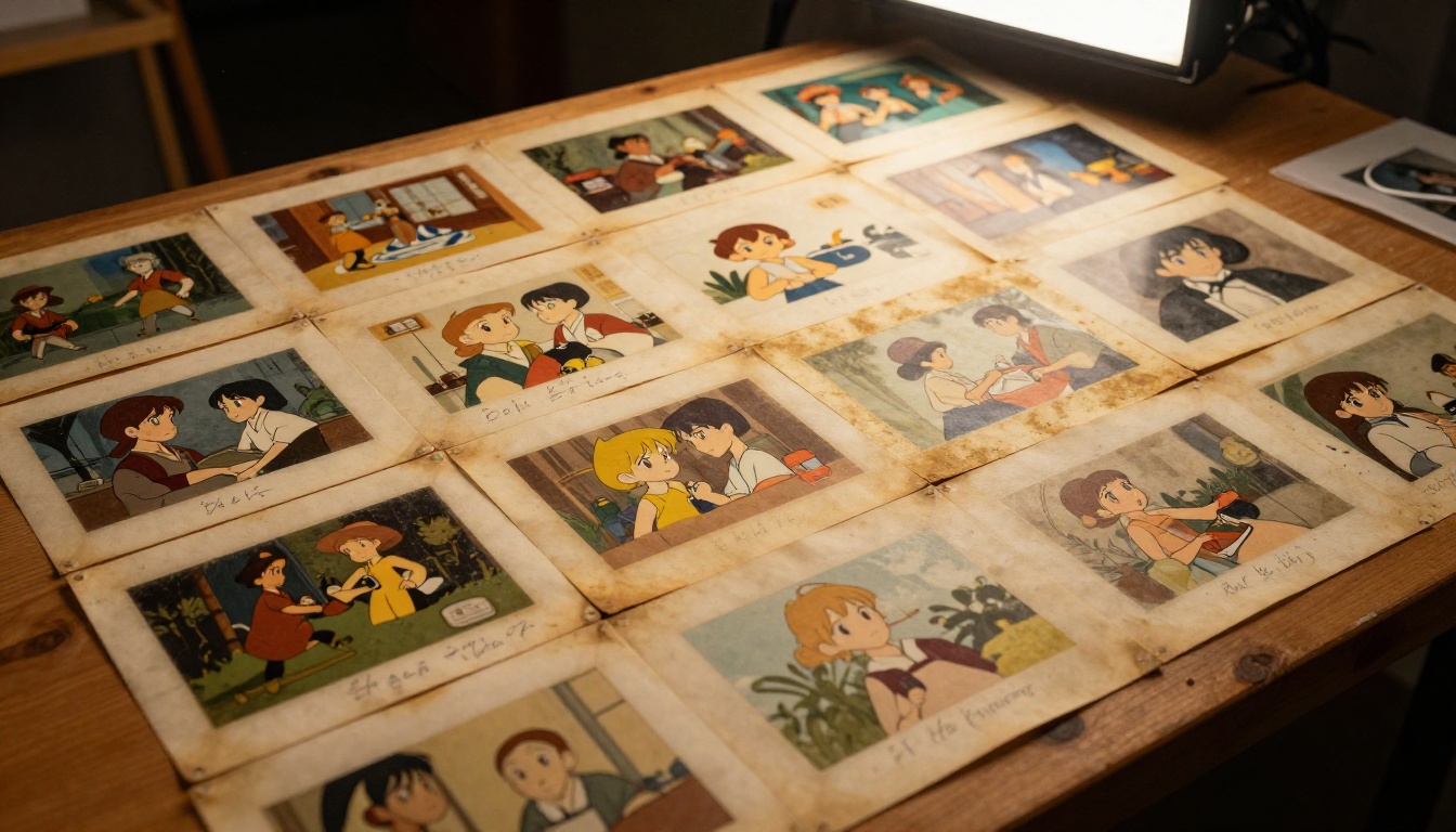 Old anime cel frames and reference artwork sheets spread across an illuminated light table in a professional studio