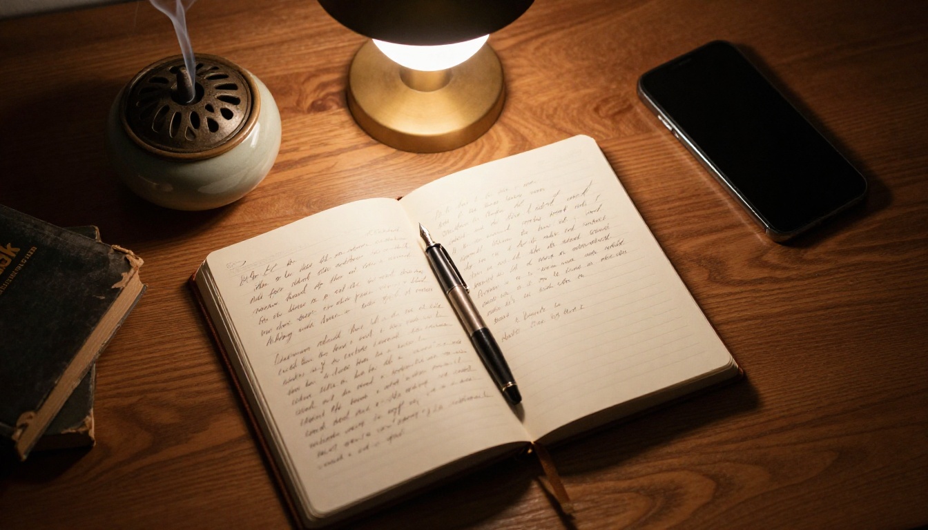 Overhead flat-lay of a writer's desk with notebook and phone glow