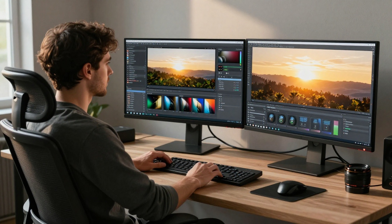 Professional workstation with triple monitors showing AI upscaling software interface with before-and-after previews
