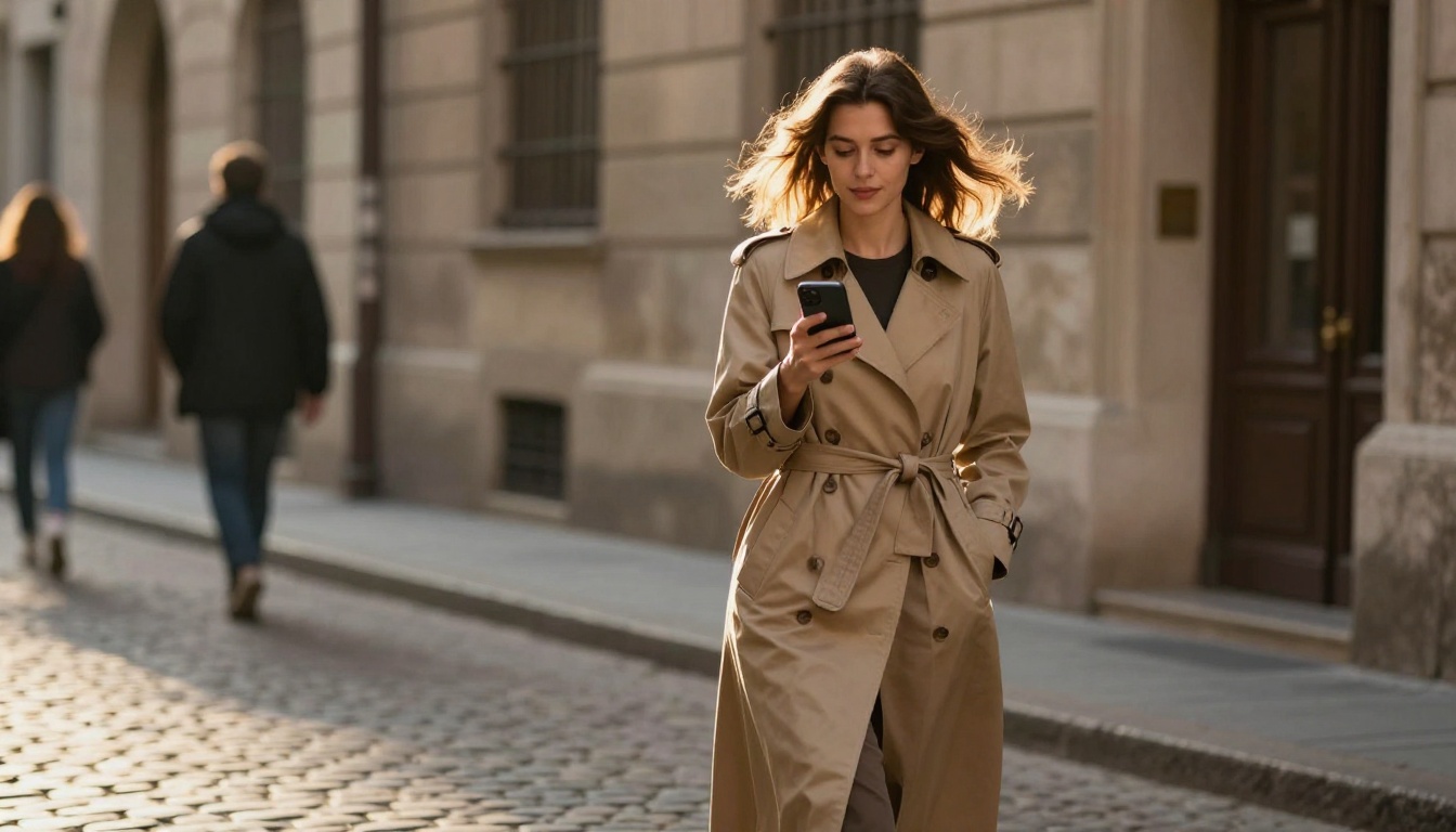 Stylish woman walking through a European cobblestone alley checking her phone