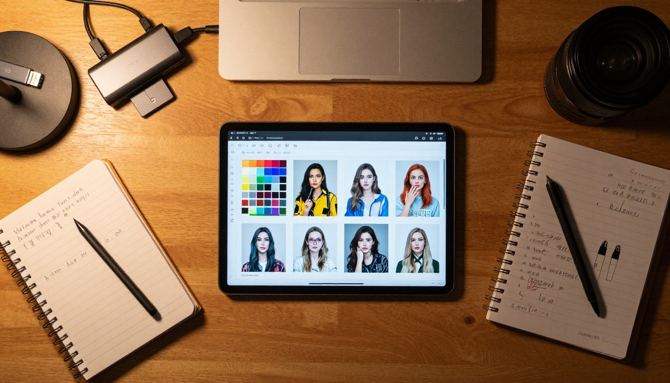 Overhead flat lay of creative workspace with tablet, stylus, color calibration charts, and reference printouts under warm soft-box lighting