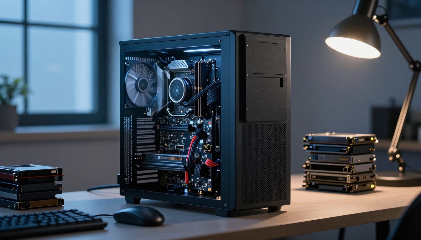 High-performance workstation computer tower with transparent side panel revealing cooling components and motherboard detail
