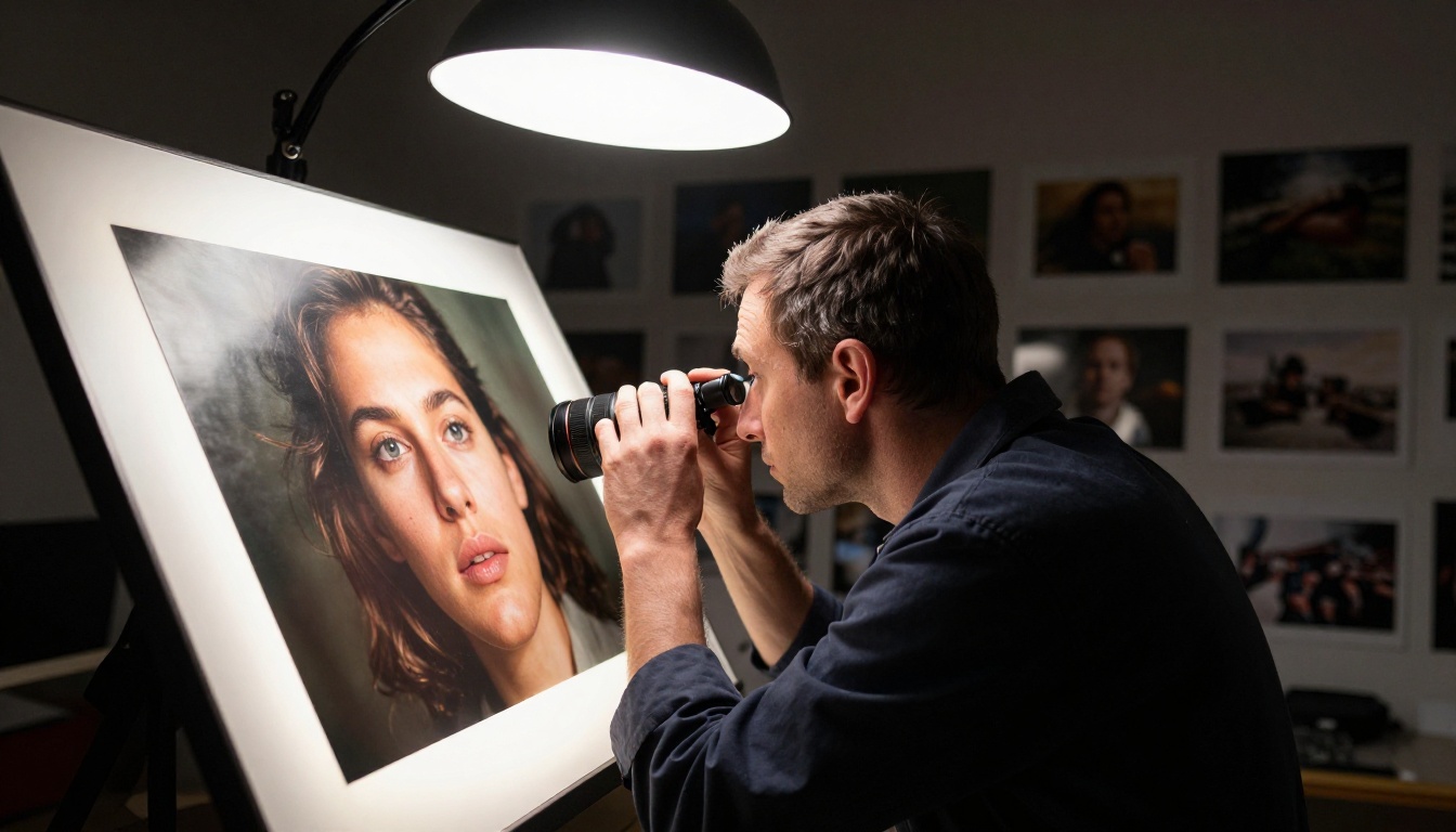 Professional photographer examining printed artwork on illuminated light box with loupe magnifier in a dark studio