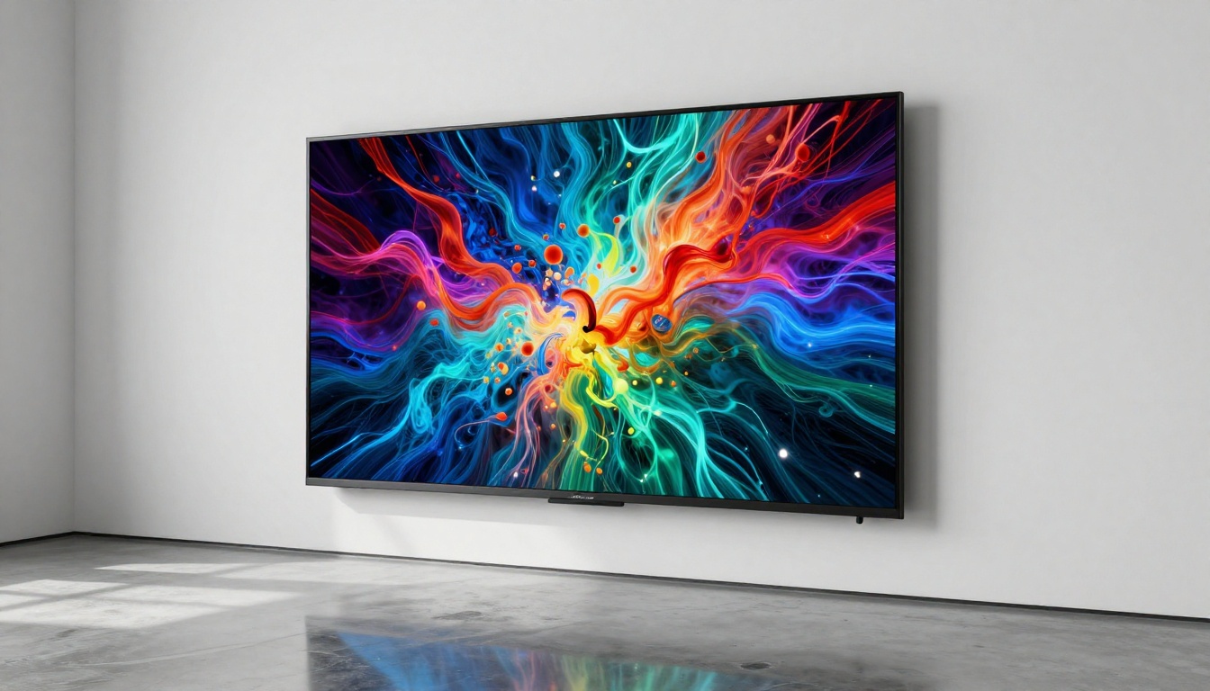 Premium 4K OLED display mounted in a gallery-style studio showing high-resolution digital artwork with crisp vivid detail
