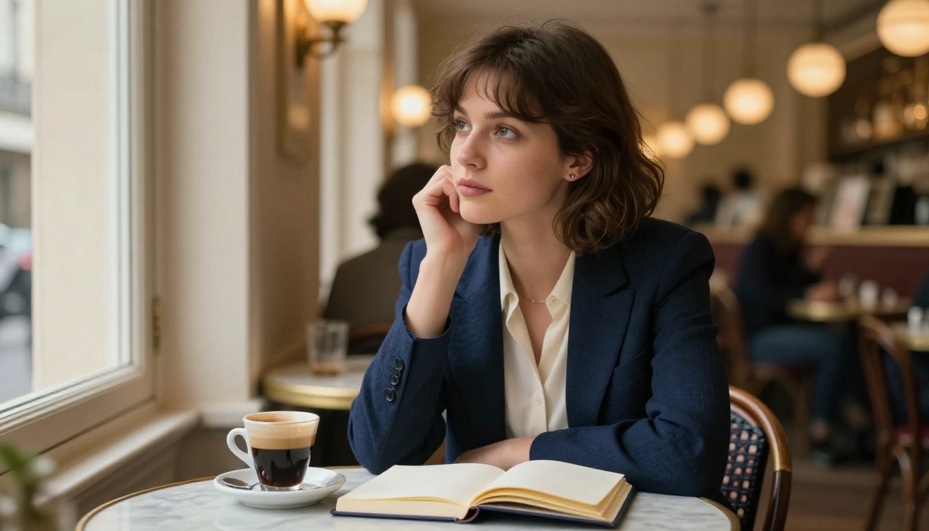 Petite woman in Parisian cafe with warm window light and amber bokeh background
