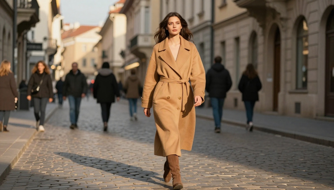 Tall statuesque woman in camel coat walking cobblestone European street in golden afternoon light