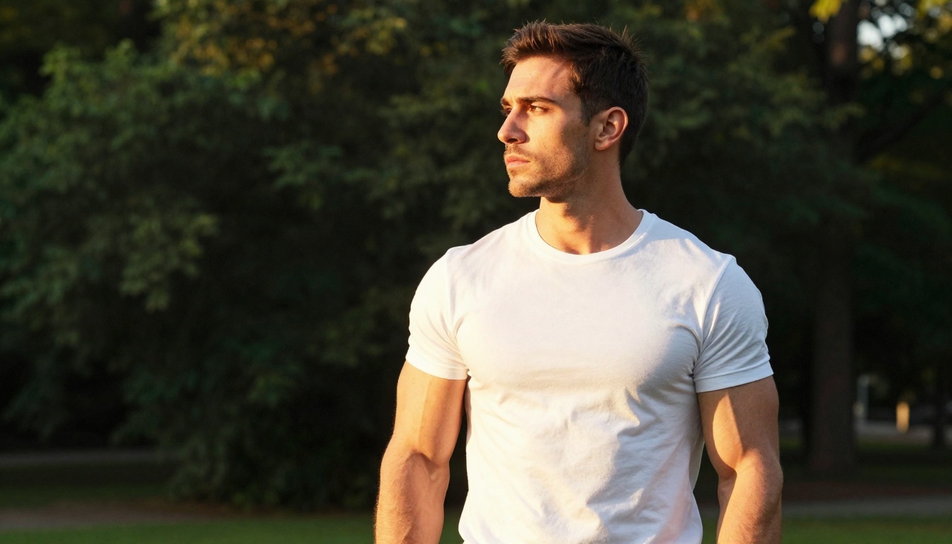 Muscular athletic man outdoors in golden hour light with natural rim lighting on shoulders