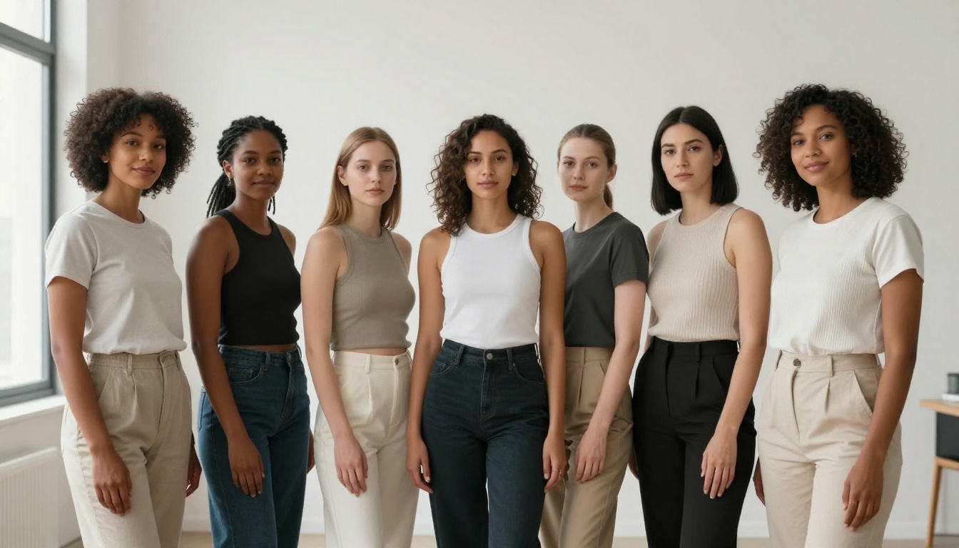 Diverse group of models showcasing different body types in a professional photography studio