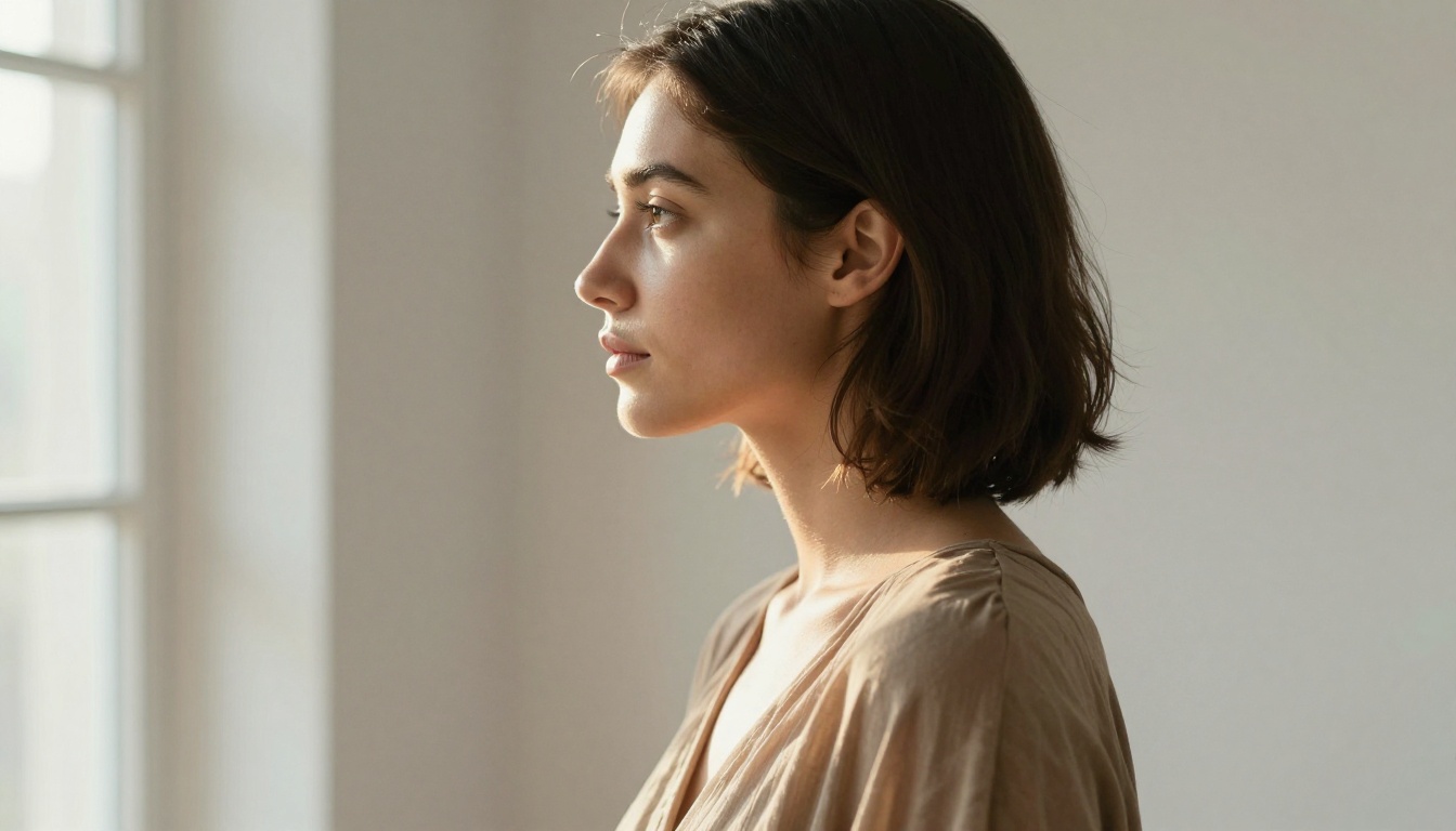 Woman with soft rounded silhouette in warm afternoon window light side profile portrait