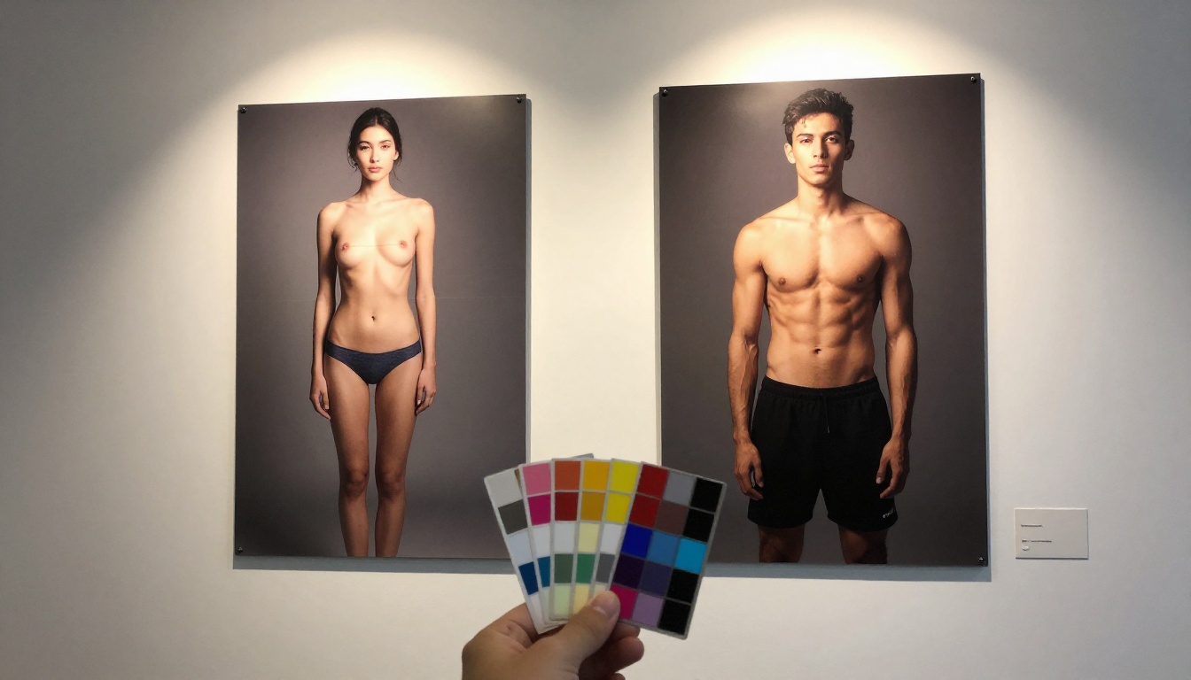Studio wall with diverse body proportion reference photography prints under warm spotlights