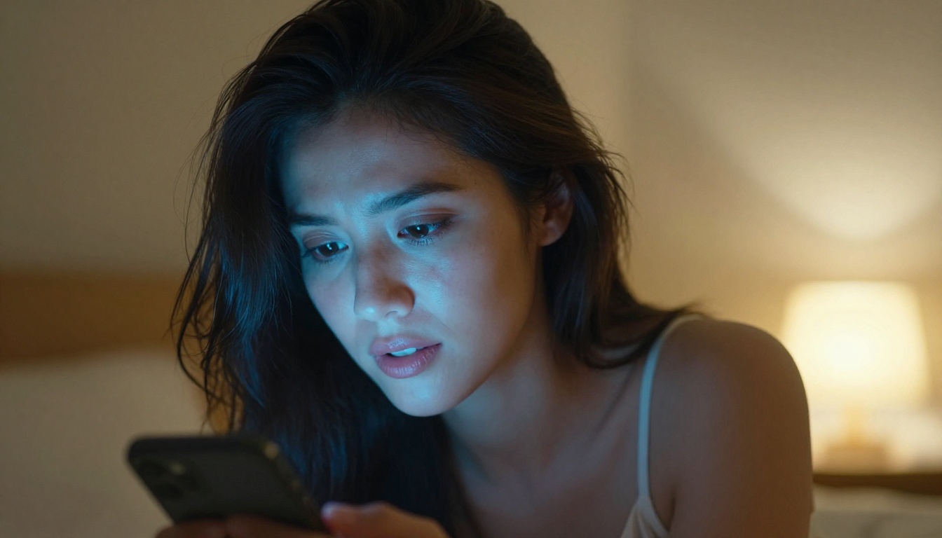 Woman engaging with AI chatbot late at night