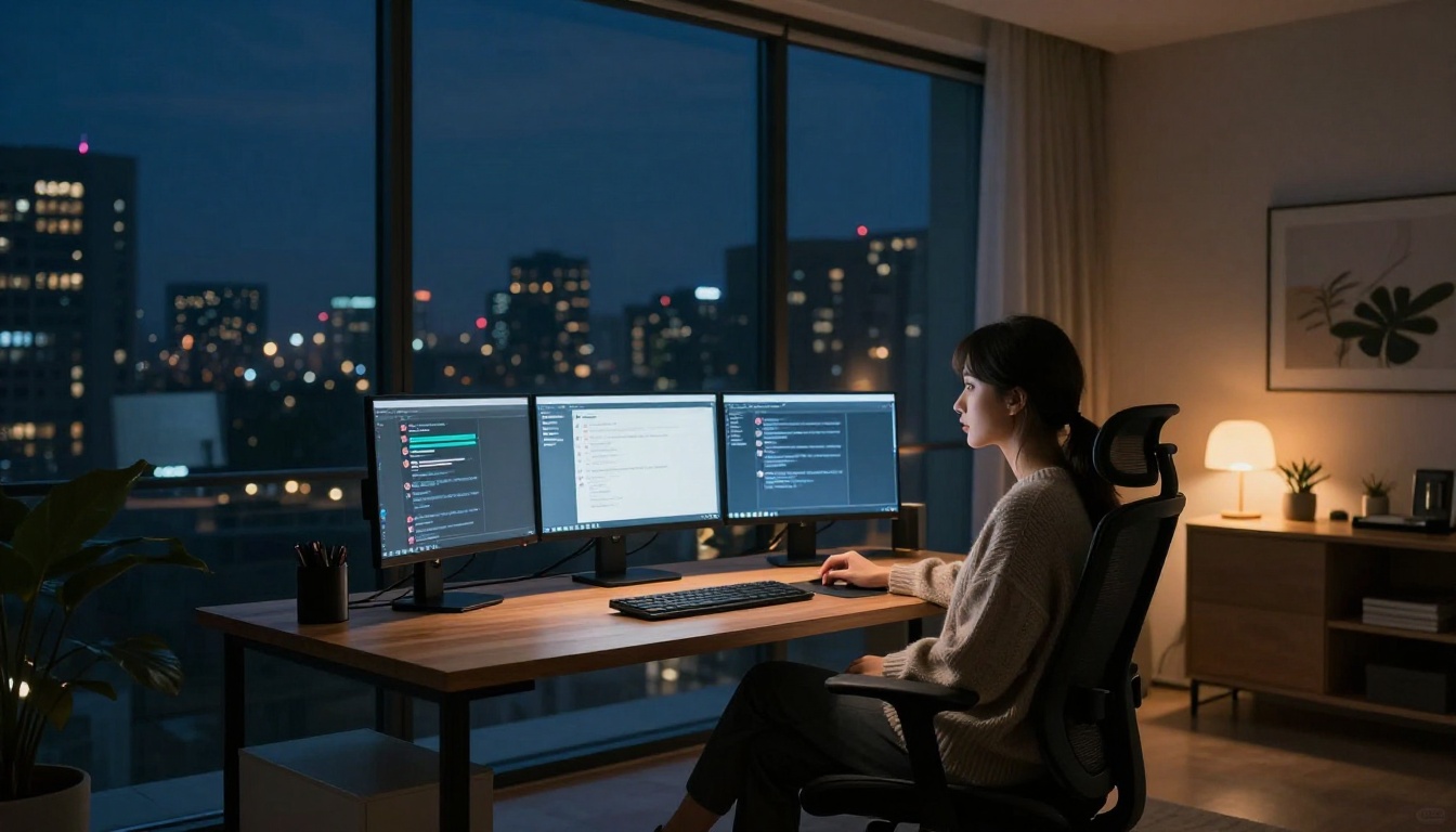 Midnight home office setup for AI chat sessions