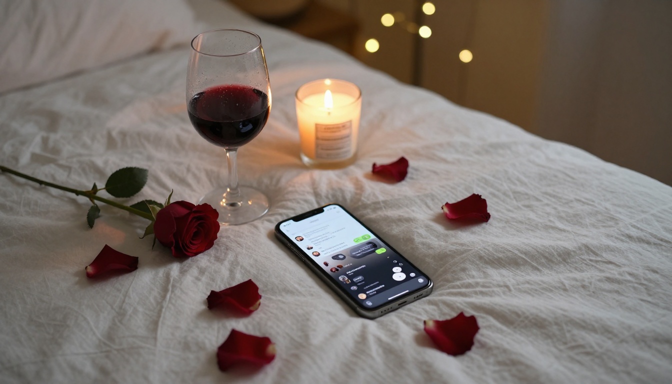Cozy late night digital setup with wine and candles