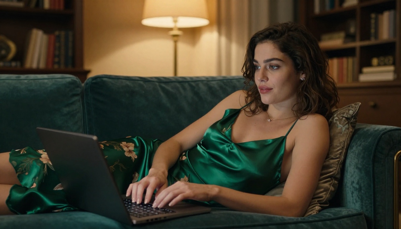 Woman in emerald dress engaged with laptop roleplay session