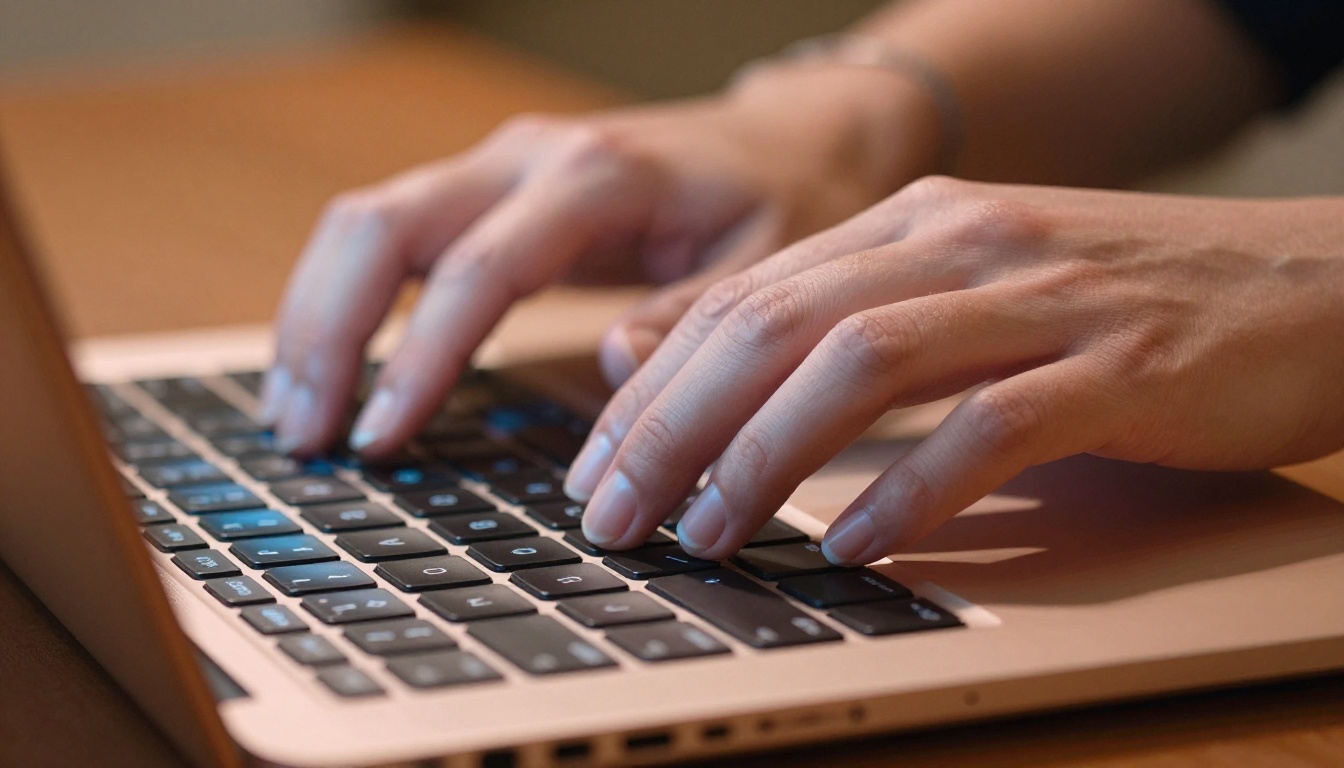 Close-up hands typing on laptop for AI chat