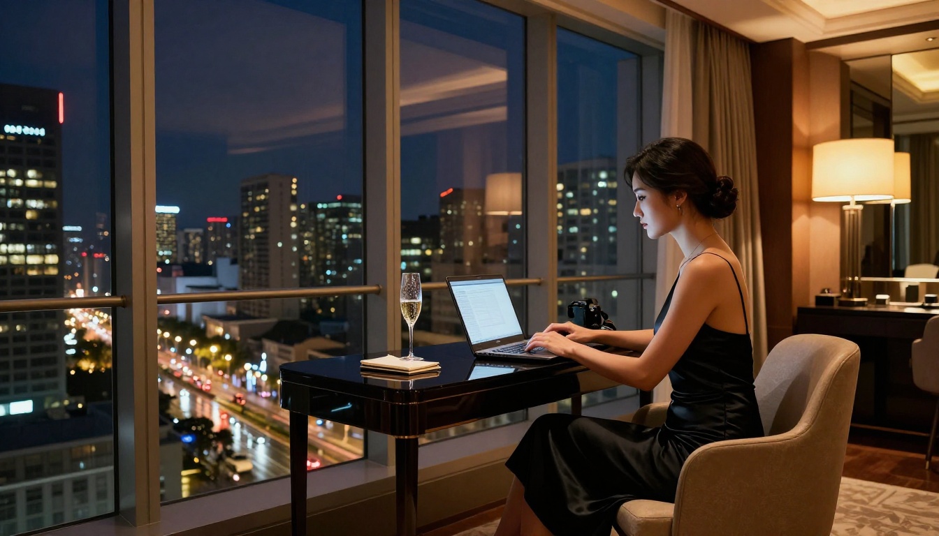 Luxurious hotel suite for late night AI companion session
