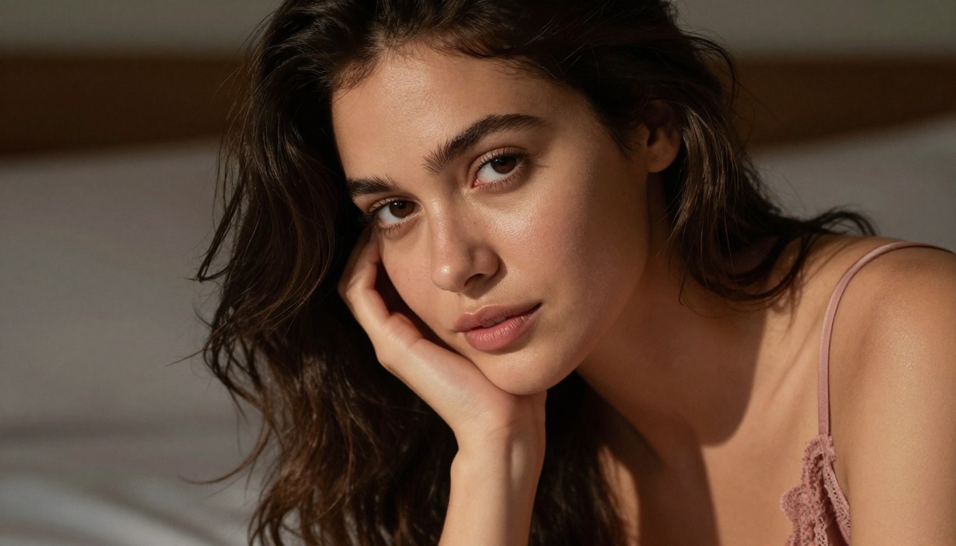 Confident woman in intimate setting with AI companion chat