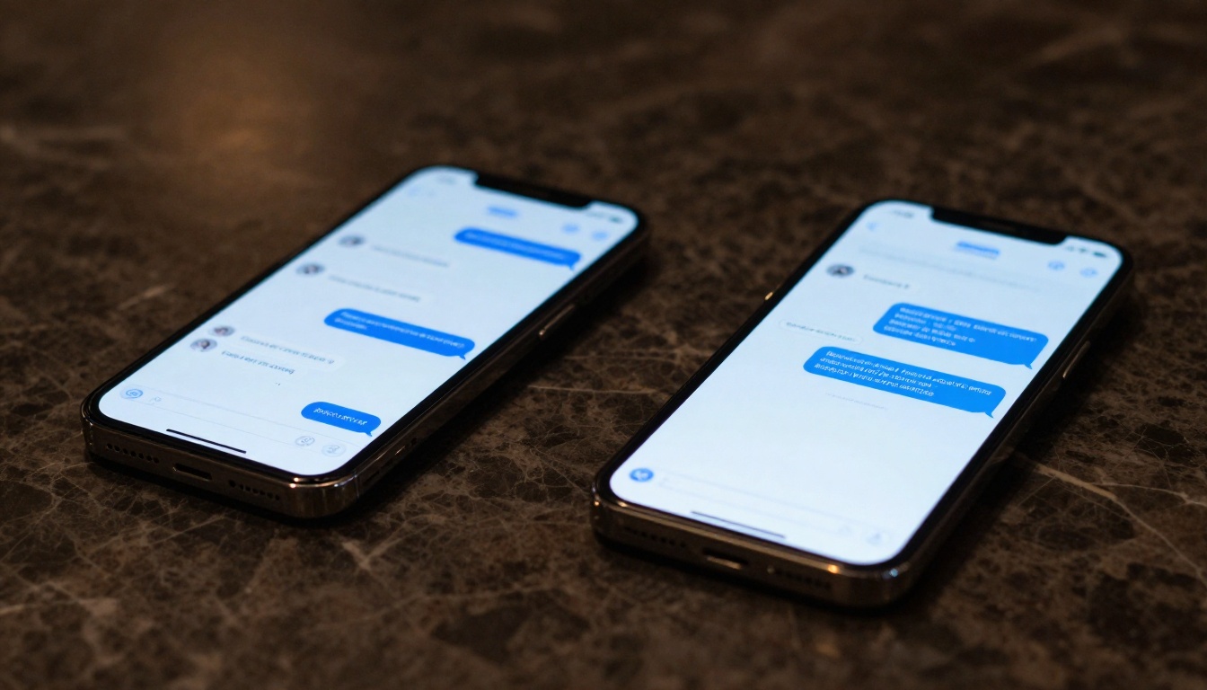 Two sleek modern smartphones side by side on a dark marble desk, both screens glowing with chat conversation interfaces, soft warm studio light from above