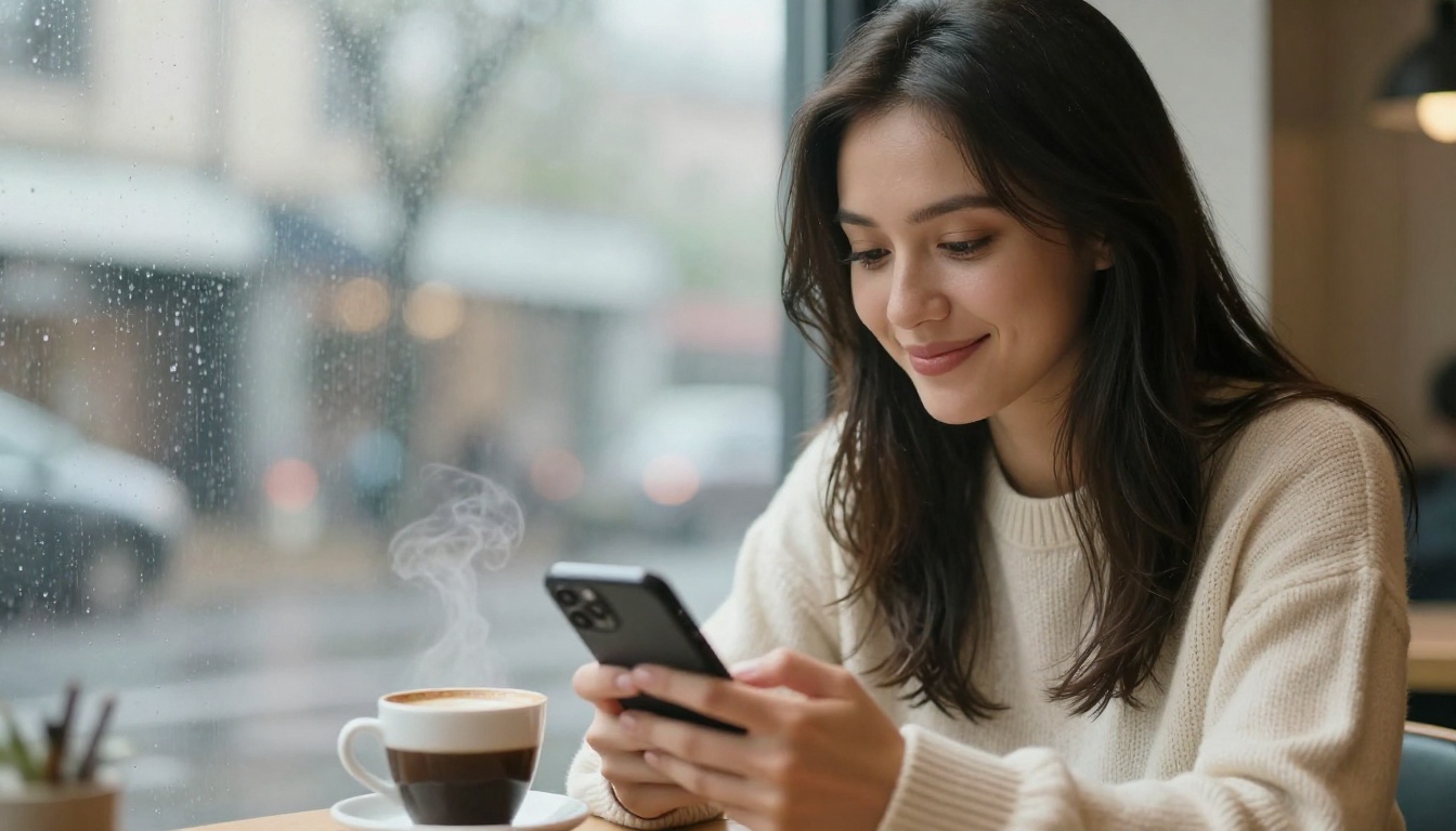 A beautiful young woman with long dark hair sitting at a cozy cafe table near a rain-streaked window, holding a glowing smartphone with a warm subtle smile