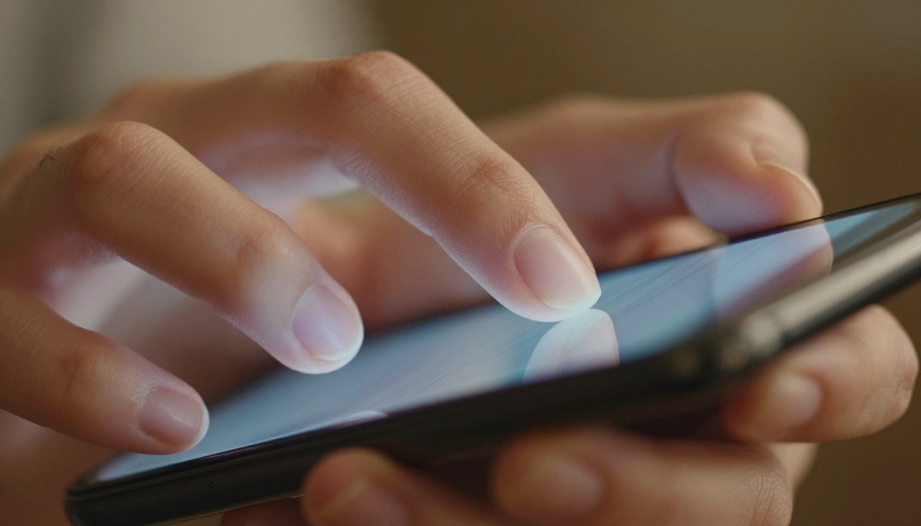 Extreme close-up of attractive woman's hands holding a smartphone, fingers typing, warm amber lamplight illuminating the screen glow on her fingernails