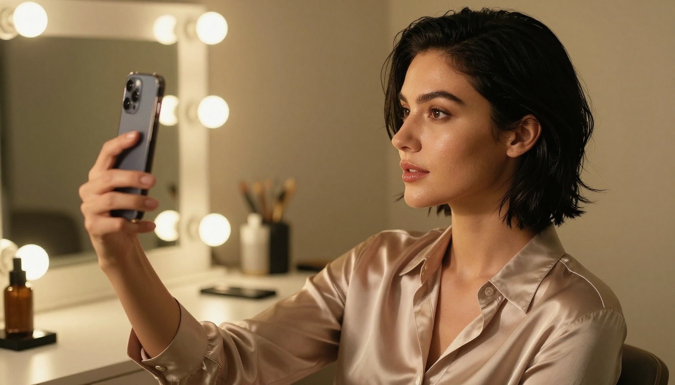 An elegant woman with sleek black hair in a messy bun, wearing a fitted silk blouse, sitting at a modern vanity desk, holding a phone for a selfie, warm golden hour light creating highlights on her cheekbones