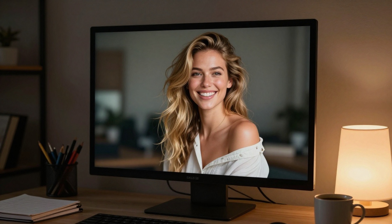 A photorealistic AI-generated portrait of a beautiful woman displayed on a computer monitor screen in a dimly lit creative studio, warm desk lamp light illuminating nearby notebooks and a coffee mug