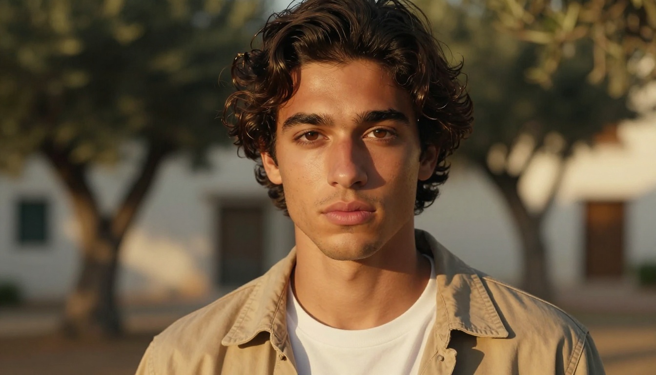 Warm olive Mediterranean skin in golden hour outdoor light